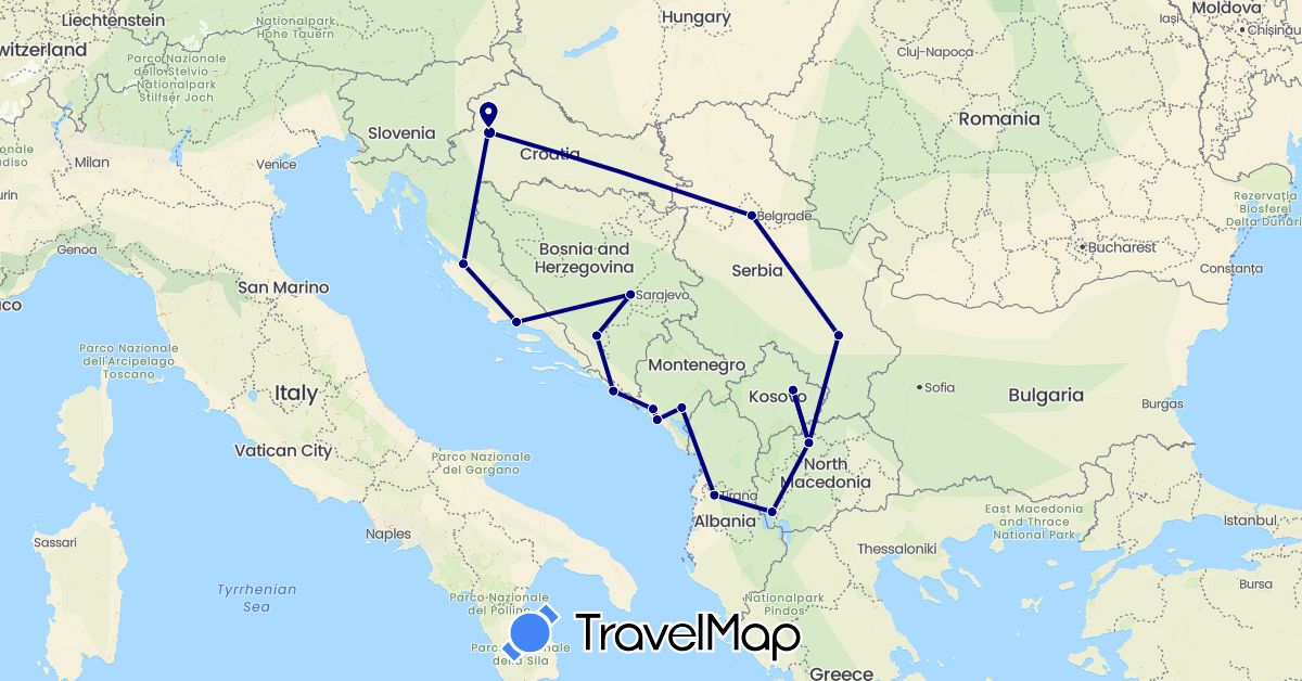 TravelMap itinerary: driving in Albania, Bosnia and Herzegovina, Croatia, Montenegro, Macedonia, Serbia, Kosovo (Europe)